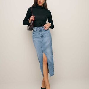 Reformation Light Blue Denim Midi Skirt with Front Slit